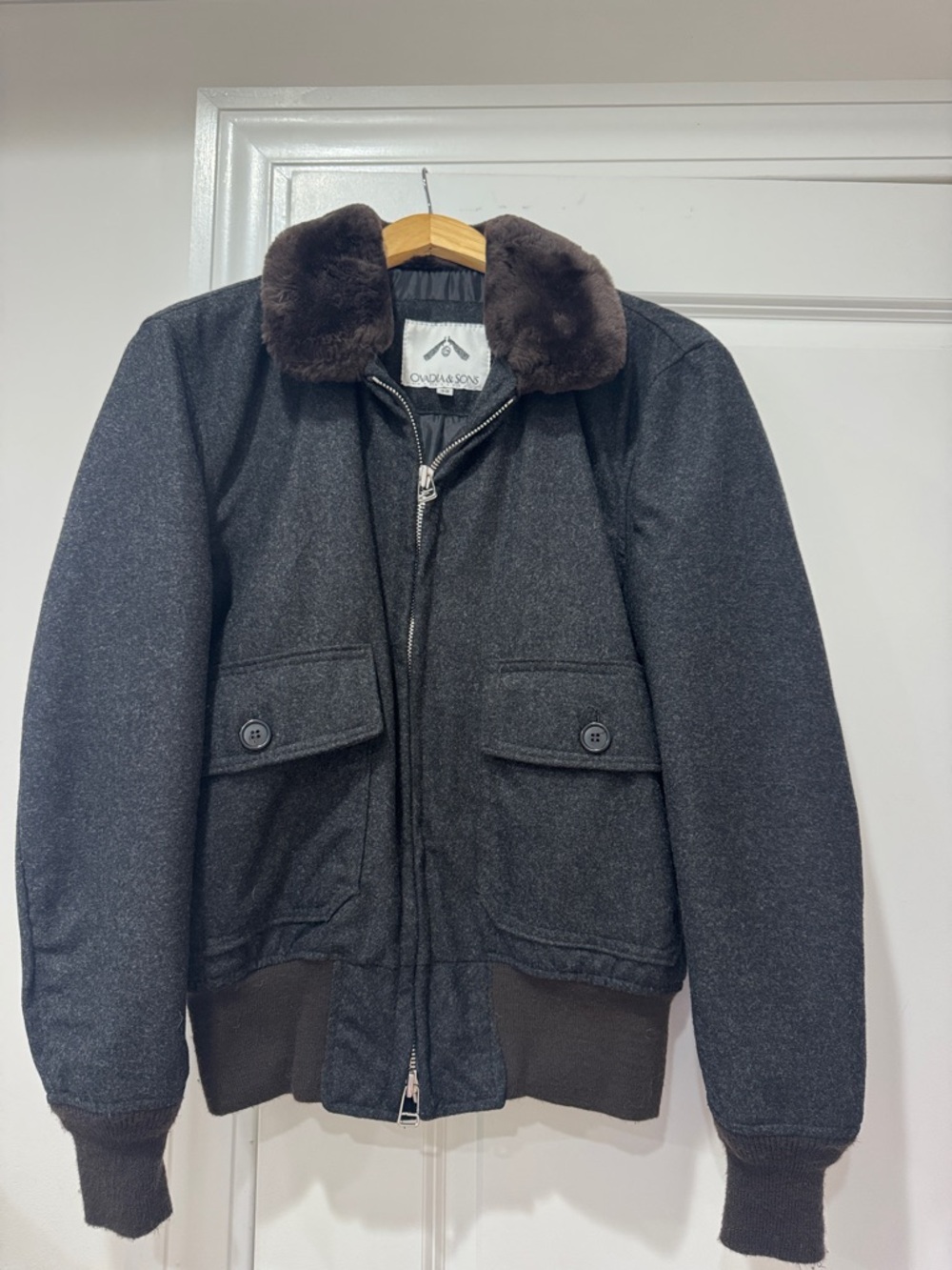 Ovadia & Sons Men's Charcoal Wool Bomber Jacket with Faux Fur Collar